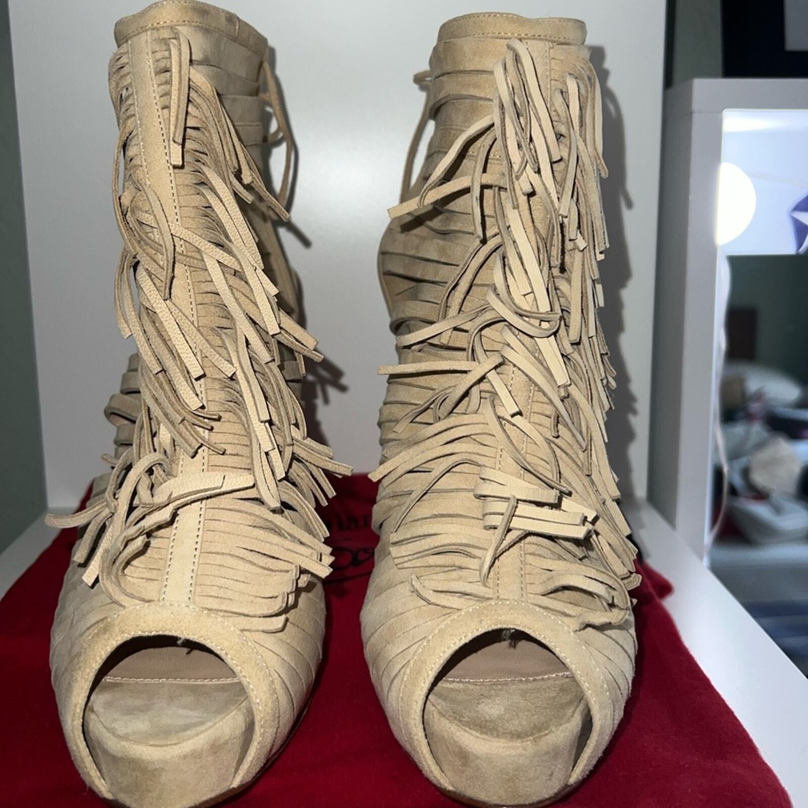 Christian Louboutin Tan Suede Beautiful Fringe Lace-Up Heels, Size 37 1/2. NWOT