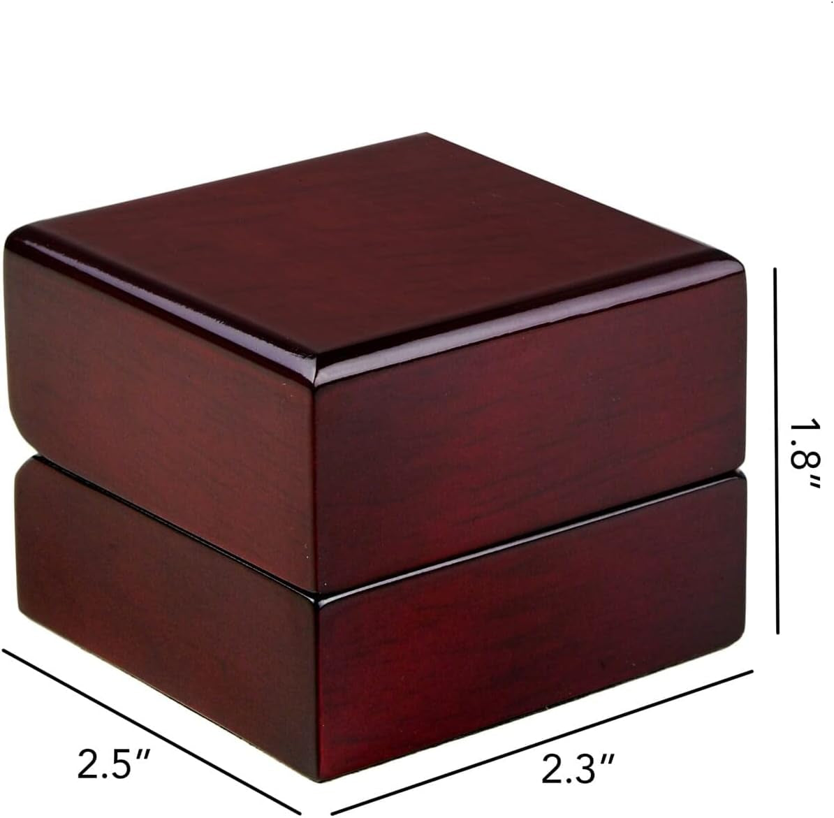 Allure - Luxury Ring Box with LED Light, Authentic Mahogany Wood with Black Leatherette Insert, Square Elegant Diamond Ring Case, for Unique Proposal or Wedding, Small Jewelry Display Gift Box.