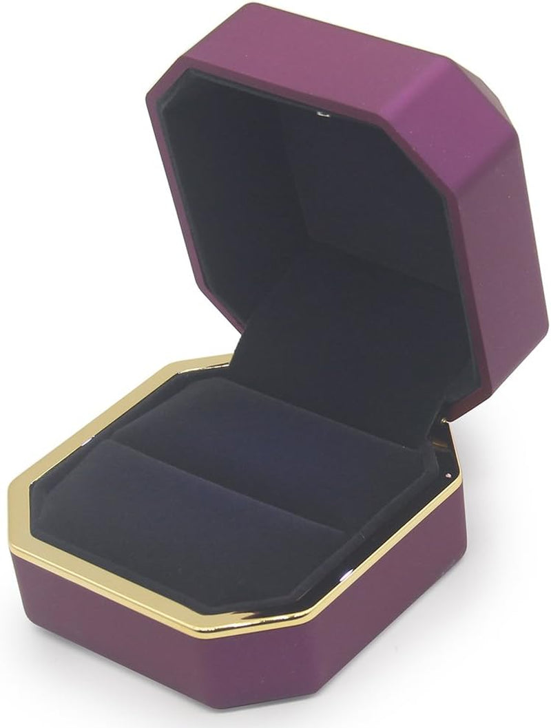 Luxury Ring Box, Square Velvet Wedding Ring Case Jewelry Gift Box with LED Light for Proposal Engagement Wedding, Purple