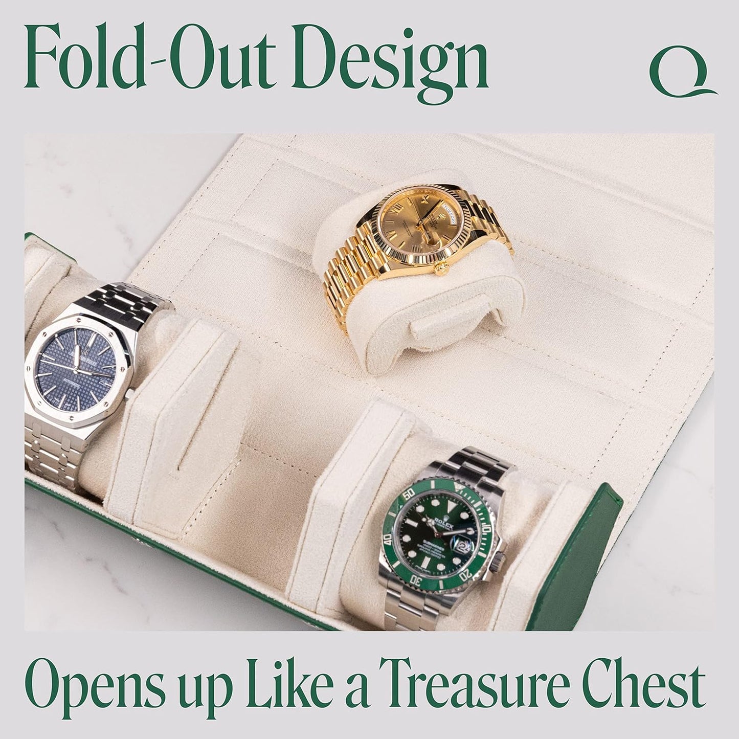 Napa Leather Watch Rolls for Men - Hexagon Triple Watch Roll Travel Case for 3 Watches - Storage Organizer Genuine Leather with Velvet Interior Display (Green/Cream)