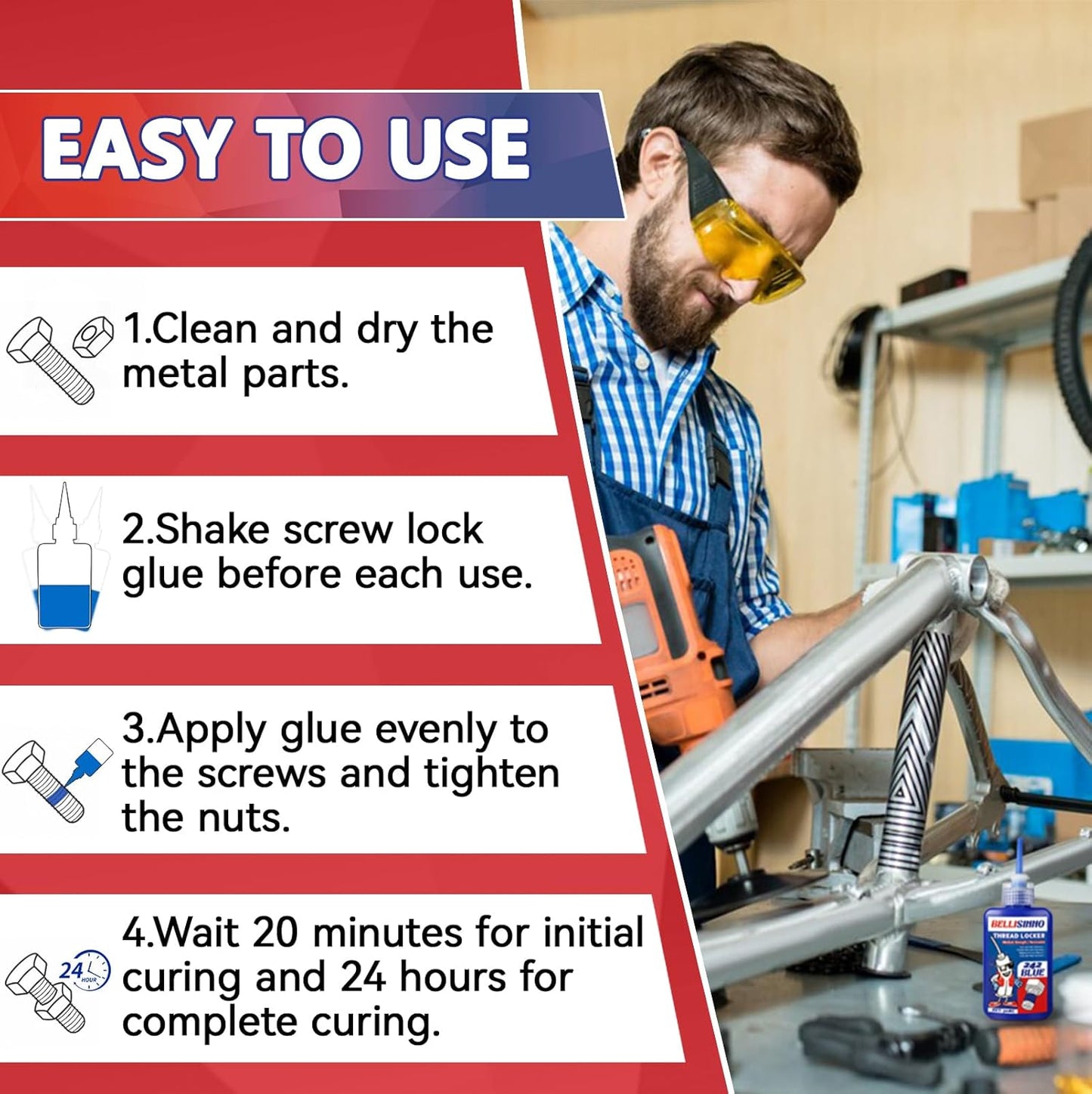 Thread Lock Blue and Red, Medium and Strong Strength Threadlocker, Thread Locker for Nuts, Bolts, Fasteners and Metals, Anaerobic Curing Screw Glue to Prevent Loosening (Blue and Red)