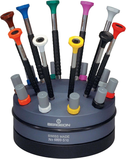 55-604 6899-S10 Rotating Stand with 10 Ergonomic Screwdrivers and 10 Tubes with Spare Blades Watch Repair Kit