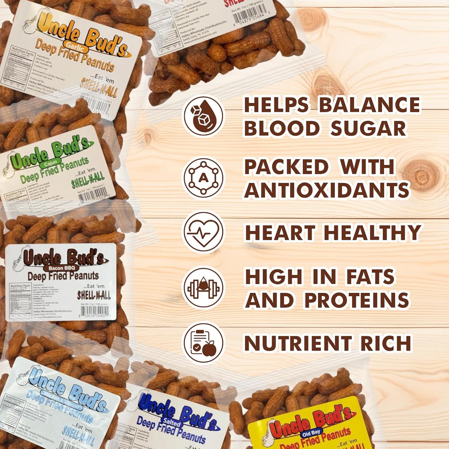 Uncle Bud'S Deep Fried Peanuts in Shell (5 Pack), Peanuts Individual Packs: Salted, Cajun, Garlic, Hot, Old Bay, Bacon BBQ, Crunchy Flavored Peanut Variety Pack, Spicy Peanuts, Hot Peanuts in Shell