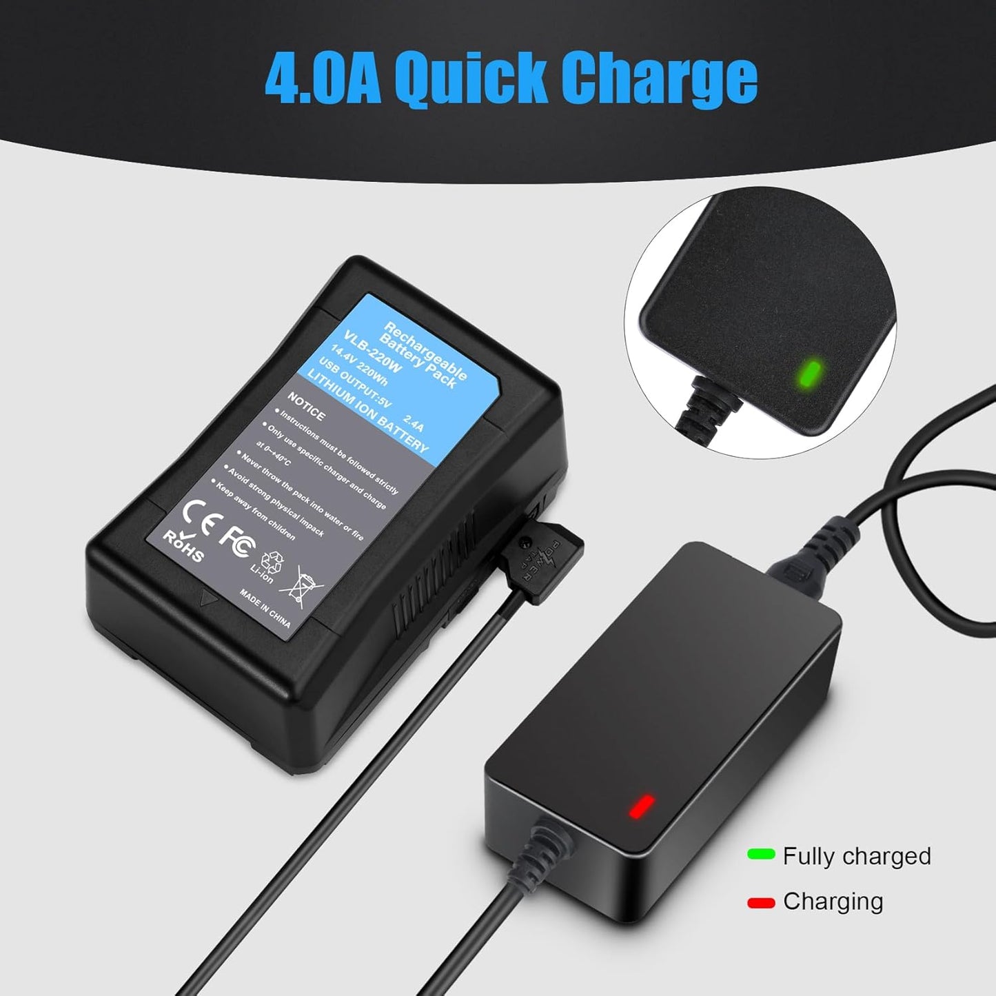 D-Tap Quick Charger[Dc 16.8V/4A] with D Tap Cable for V-Mount/V Lock/Gold Mount Battery Charger, for Sony BP-U65 BP-U68 HDW-800P HDW-F900R PDW-680 PDW-850 DSR-650P PMW-F5
