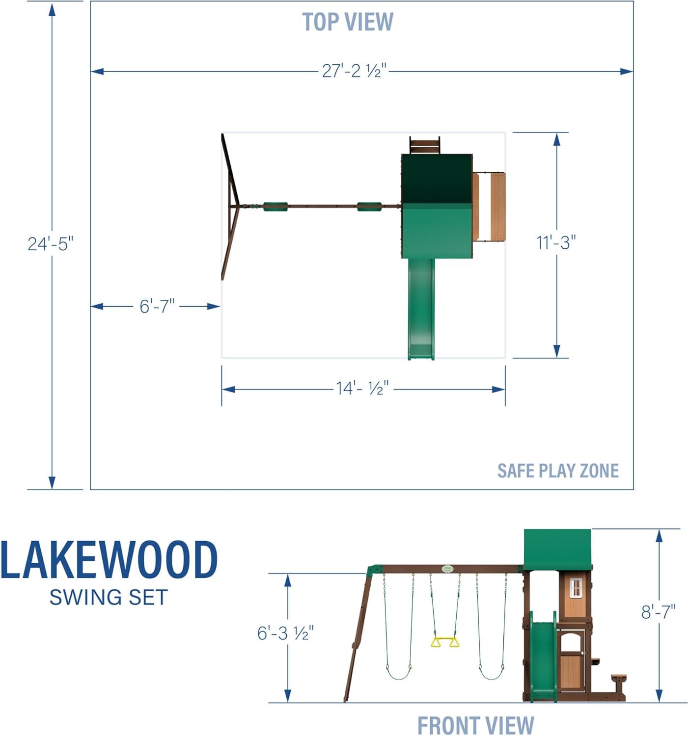 Lakewood Cedar Wood Swing Set, Covered Upper Deck with White Trim Window, Slide with Rails, Lower Fort Area with Door and Attached Bench, Swing Belts, Trapeze Bar, Stair Ladder