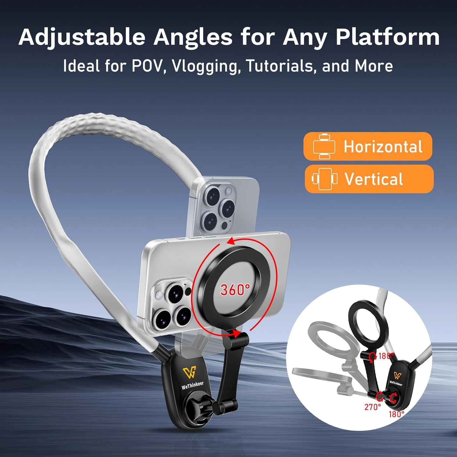 Neck Phone Holder for Recording, 700Mm Extended for Comfort, Hands-Free Pov/Vlog Magnetic Neck Mount with Anti-Shake Chest Strap, Content Creator Essential, Compatible with Iphone, Android, Gopro