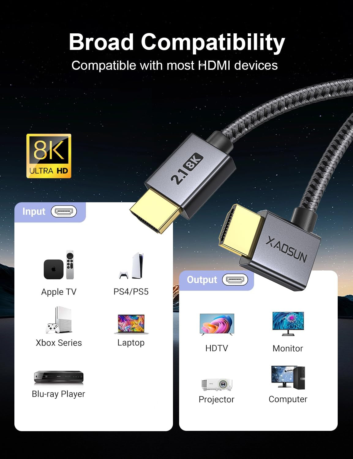 Right Angle HDMI 2.1 Cable 6.6FT, 48Gbps Ultra High Speed HDMI Cord Support 8K@60Hz 4K@120Hz Dynamic HDR Earc HDCP 2.2& 2.3 HDR10, Compatible with Ps5,Ps4,X-Box,Roku Tv,Hdtv,Blu-Ray,Lg,Samsung