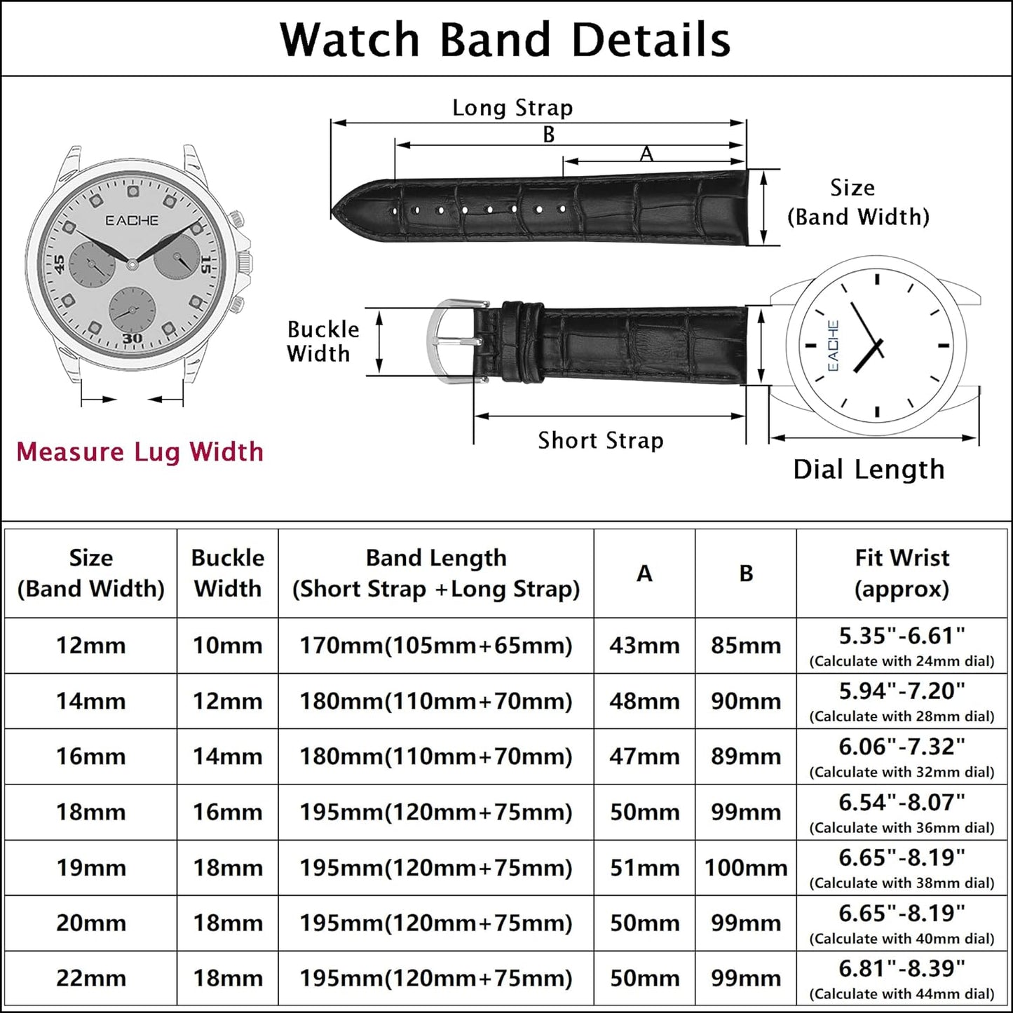 Croco Design Leather Watch Bands, Classical Leather Watch Straps for Women&Mens Waterproof 12Mm 14Mm 16Mm 18Mm 19Mm 20Mm 22Mm