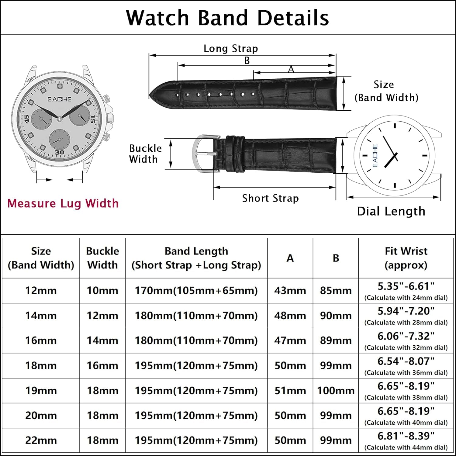 Croco Design Leather Watch Bands, Classical Leather Watch Straps for Women&Mens Waterproof 12Mm 14Mm 16Mm 18Mm 19Mm 20Mm 22Mm