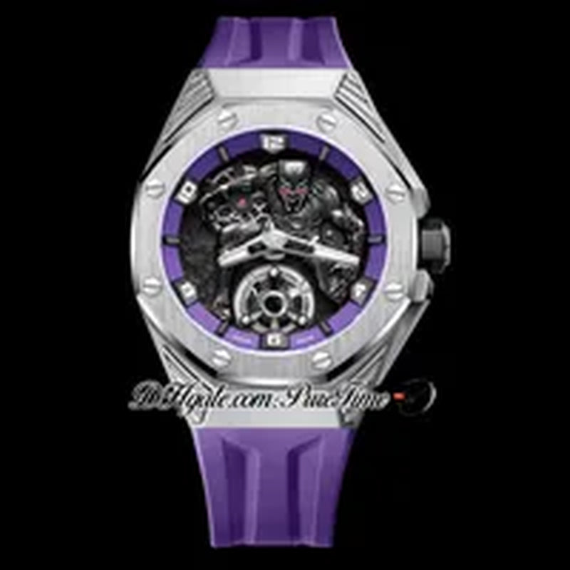 TWF 42 A2965 Hand Winding Mens Watch Tourbillon Titanium Steel Case Ceramic Bezel 3D Black Panther Dial Purple Rubber Strap 2022 Super Edition Watches Pureitme C3