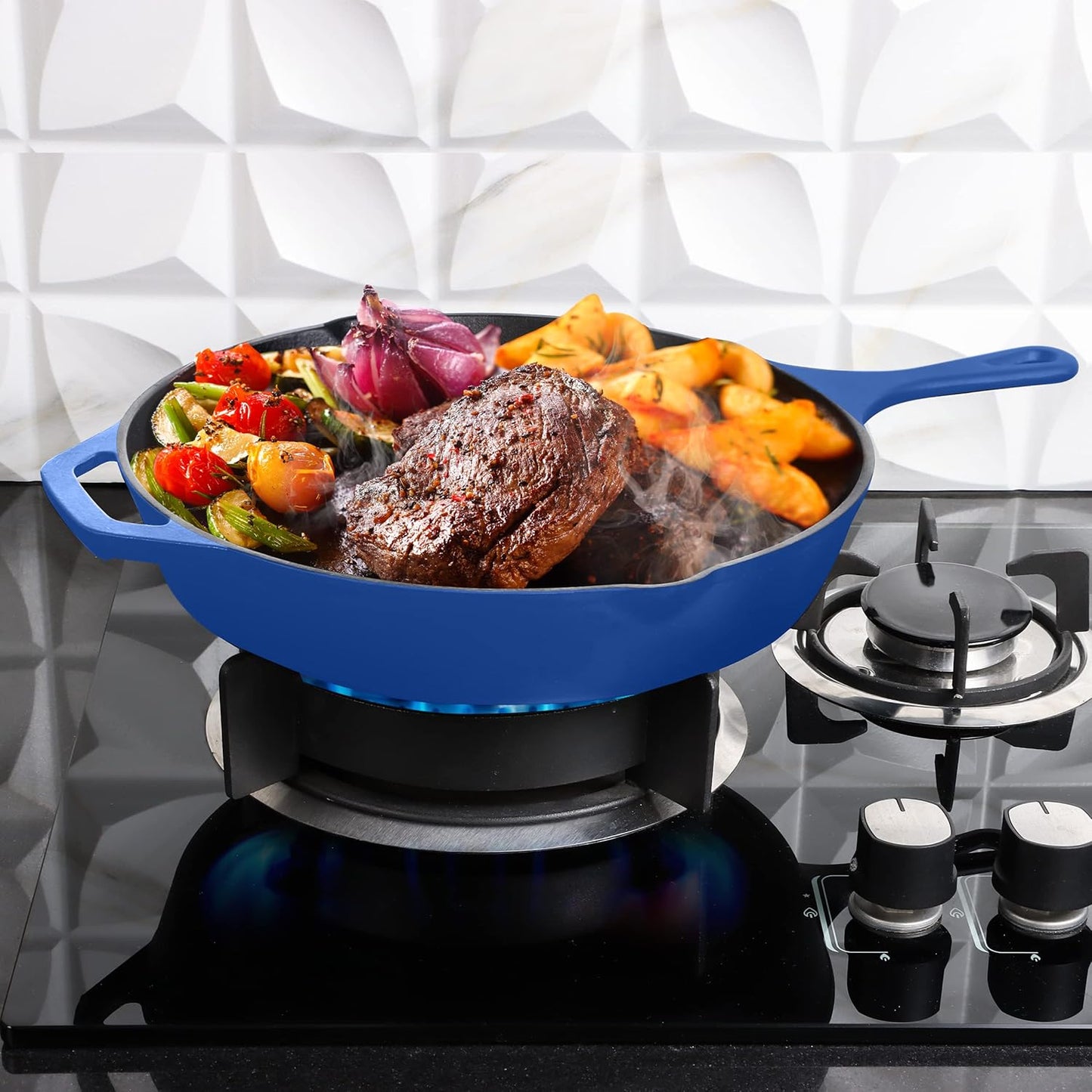 Saute Fry Pan - Chefs Pan, Pre-Seasoned Cast Iron Skillet - Frying Pan 12 Inch - Safe Grill Cookware for Indoor & Outdoor Use - Cast Iron Pan (Blue)