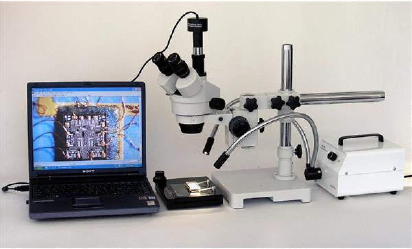 SM-3T Professional Trinocular Stereo Zoom Microscope, Wh10X Eyepieces, 7X-45X Magnification, 0.7X-4.5X Zoom Objective, Ambient Lighting, Single-Arm Boom Stand