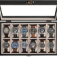 Watch Box, 12-Slot Watch Case, Solid Wood Watch Box Organizer with Glass Lid, Watch Display Case with Removable Pillows, Gift for Loved Ones, Ebony Black UJOW120B01