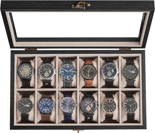 Watch Box, 12-Slot Watch Case, Solid Wood Watch Box Organizer with Glass Lid, Watch Display Case with Removable Pillows, Gift for Loved Ones, Ebony Black UJOW120B01