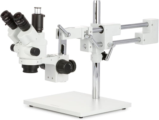 - SM-4NTP 7X-45X Simul-Focal Stereo Lockable Zoom Microscope on Dual Arm Boom Stand