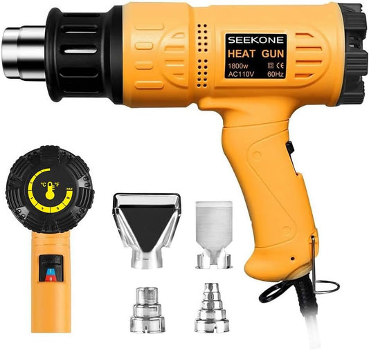 Heat Gun 1800W 122℉-1202℉（50℃- 650℃）Fast Heating Heavy Duty Hot Air Gun Kit Variable Temperature Control Overheat Protection with 4 Nozzles for Crafts, Shrinking PVC, Stripping Paint(5.2Ft)