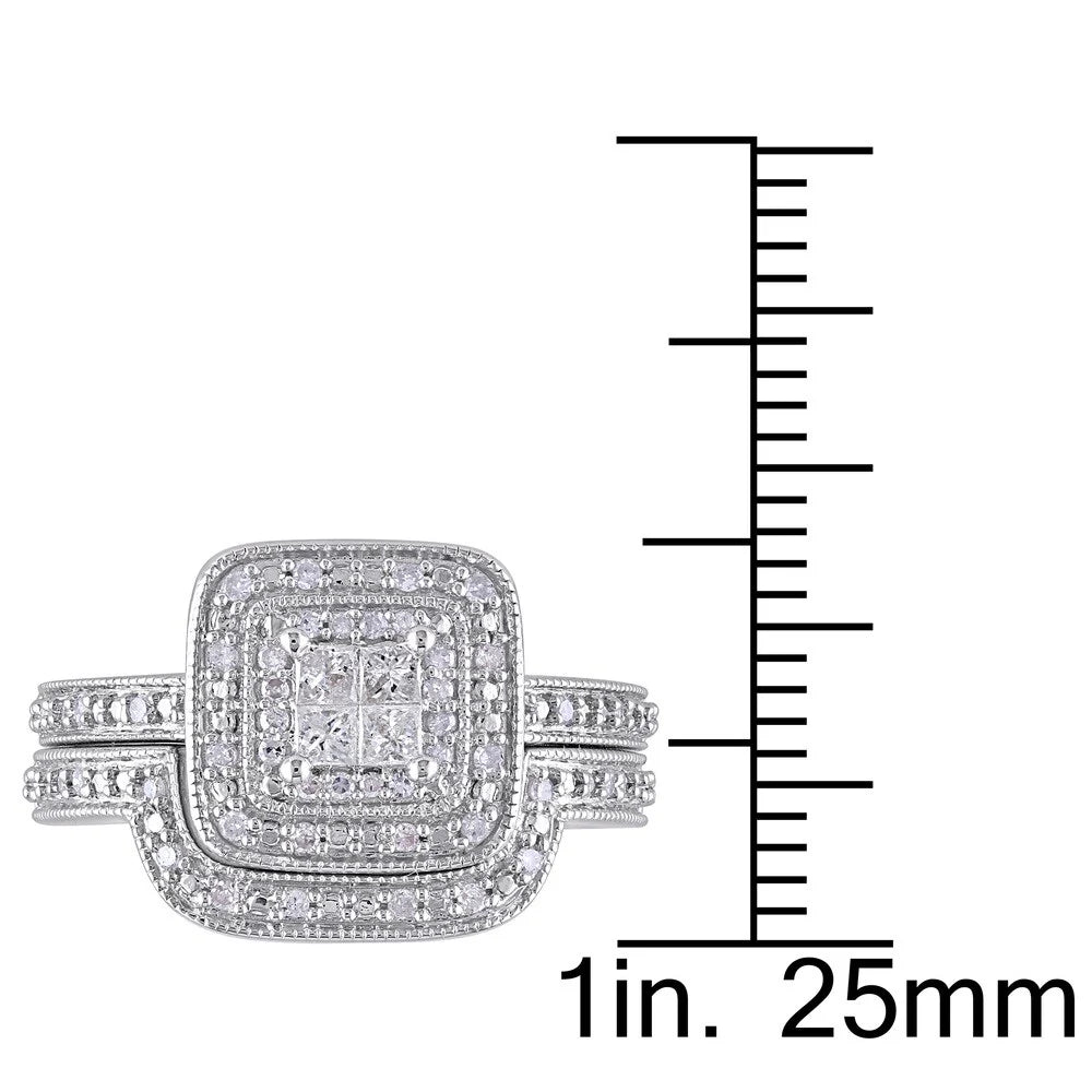 Sterling Silver Princess-Cut Quad 1/3Ct TDW Diamond Double Halo Bridal Ring Set