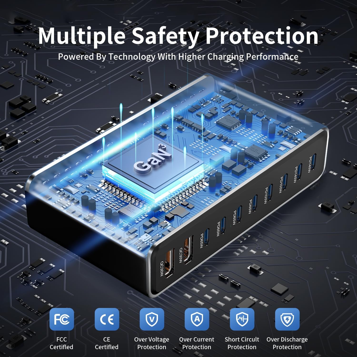 800W Gan III 10-Port USB-C Charging Station - Fast Charger for Laptops, Tablets, Smartphones, and More (Black)