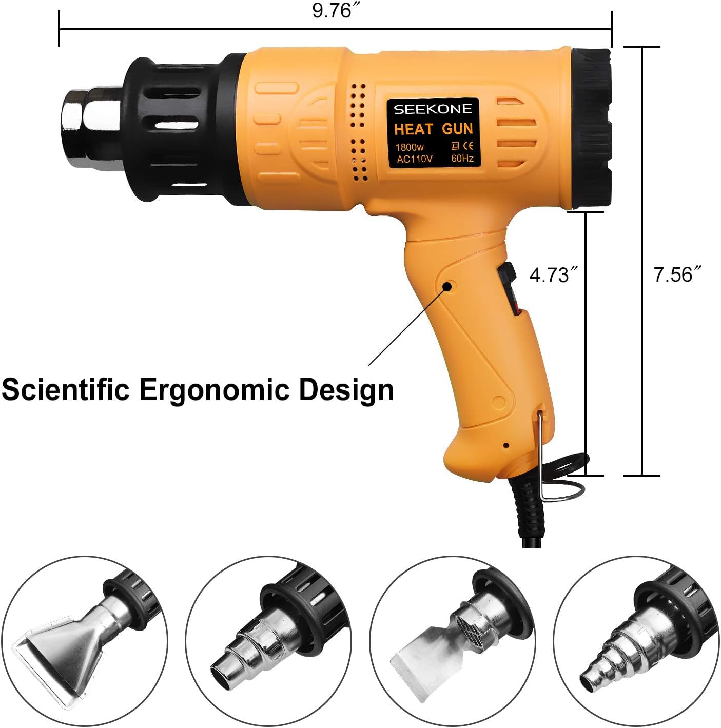 Heat Gun 1800W 122℉-1202℉（50℃- 650℃）Fast Heating Heavy Duty Hot Air Gun Kit Variable Temperature Control Overheat Protection with 4 Nozzles for Crafts, Shrinking PVC, Stripping Paint(5.2Ft)