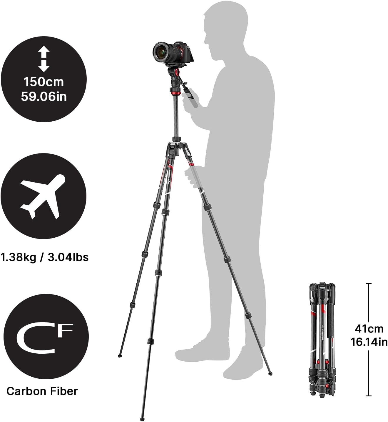 Befree Live 4-Section Carbon Fiber Video Tripod with Fluid Head, Black/Silver