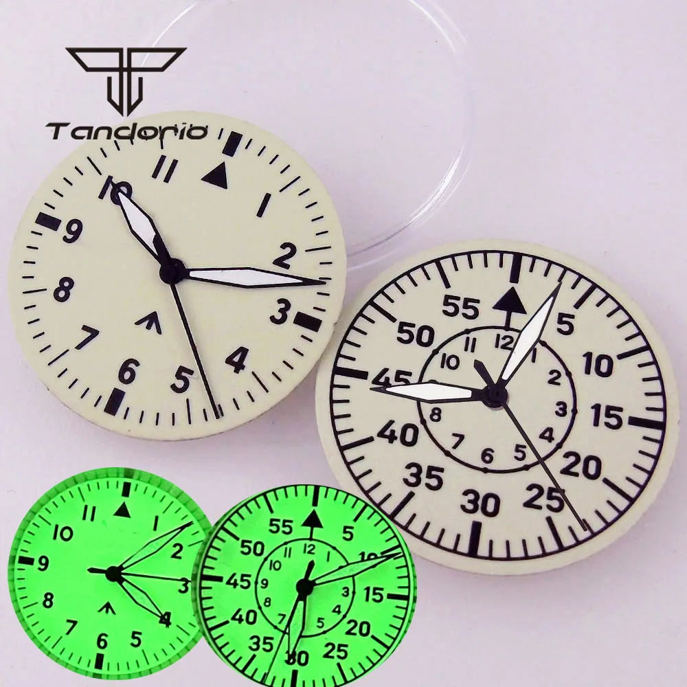 29Mm Creamy Sterile Pilot Watch Dial Face Hands Set Full Green Luminous Fit NH35 NH36 ETA2824 PT5000 Miyota82 Series Movement