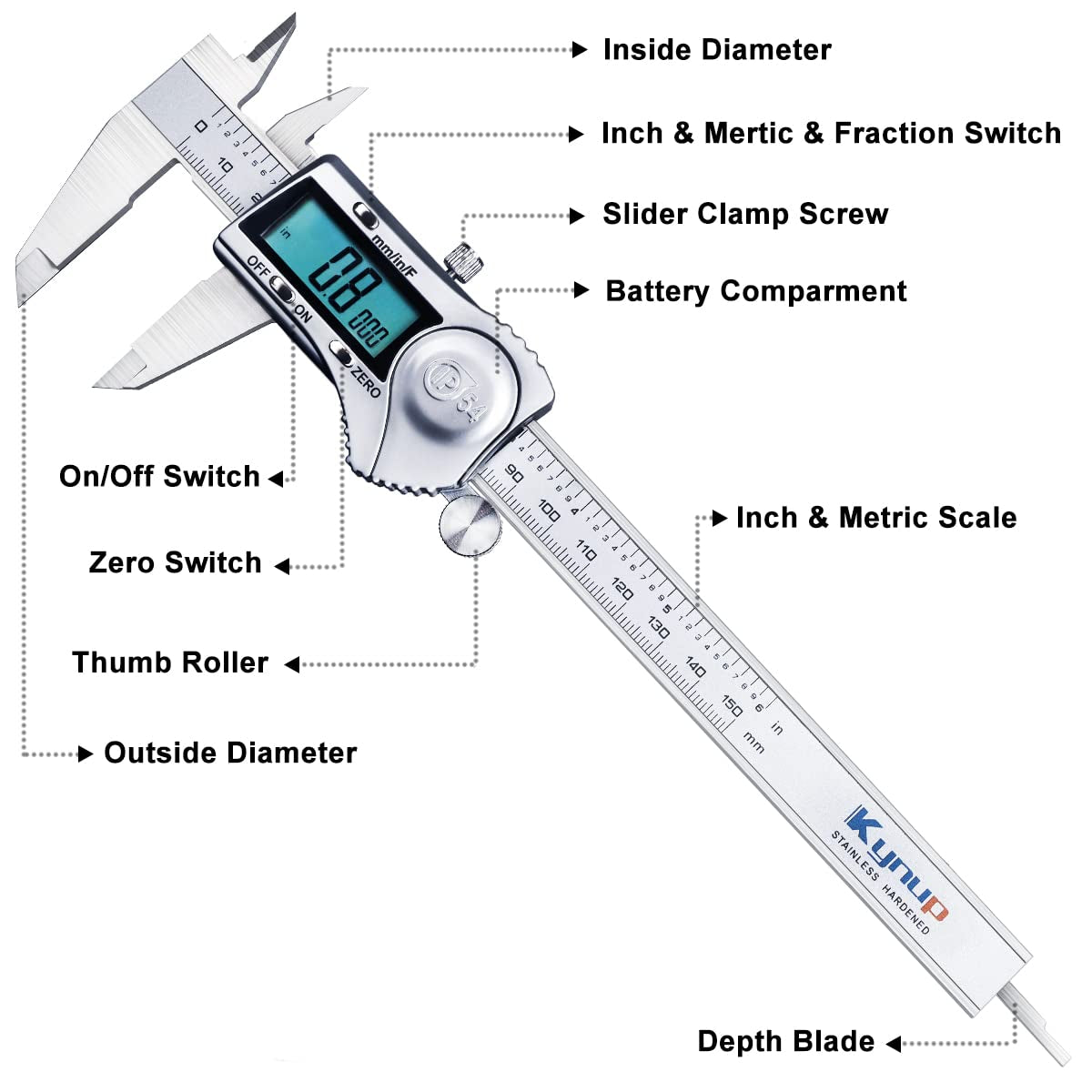 Digital Caliper, Calipers 6 Inch Measuring Tool with Stainless Steel, IP54 Splash Proof Protection Design, Easy Switch from Inch Metric Fraction, Large LCD Screen (150Mm)