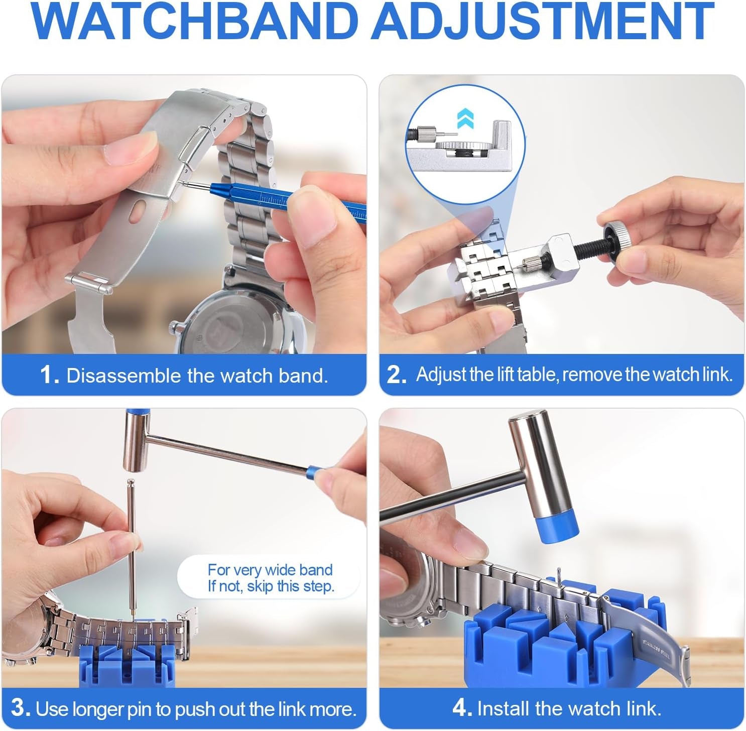 Watch Link Removal Tool Kit, Watch Band Tool for Watch Repair, Bracelet Adjustment, Replacement and Resizing, Watch Strap Link Remover, with 10 Spring Bars, 10 Pins, User Manual