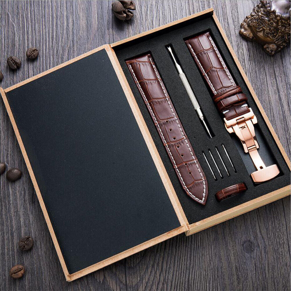 Genuine Leather Watch Band Bracelet Strap Deployment Clasp Buckle Replacement