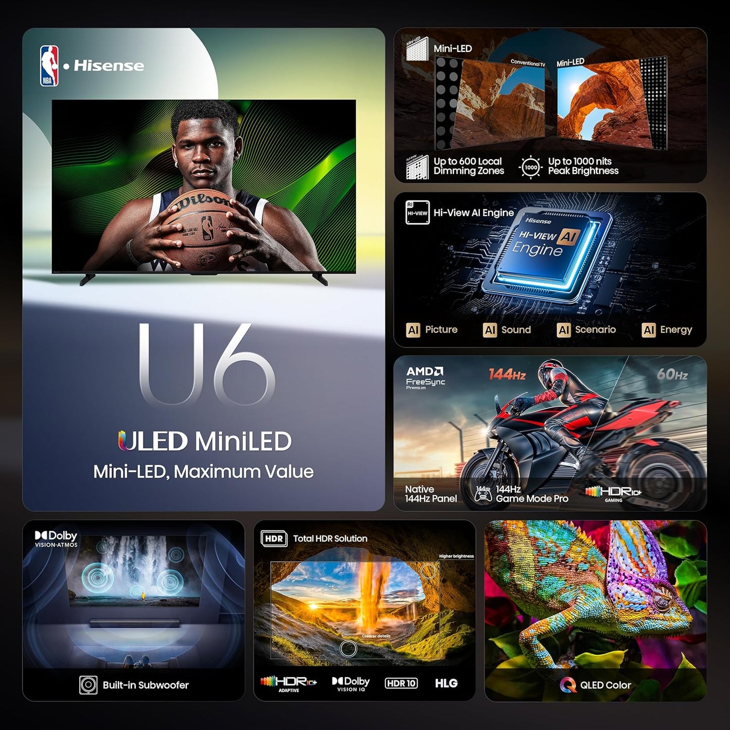 55" Class U6 Series Mini-Led 4K UHD Smart Fire TV (55U65QF, 2025 Model) - QLED, Native 144Hz, HDR10+, Dolby Vision IQ, Dolby Atmos, Game Mode Pro, ALLM, Alexa Built In, Black