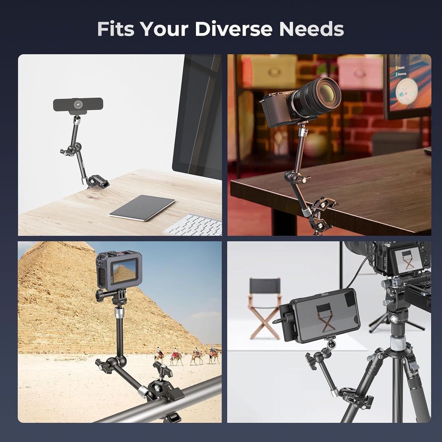 Magic Arm Clamp Kit, Camera Mount Articulating Friction Arm W Super Clamp, W 1/4"-20 Screw and Thread Hole, for Camera, Light, Monitor, Webcam or Action Camera 1.5Kg, for Table, Tube