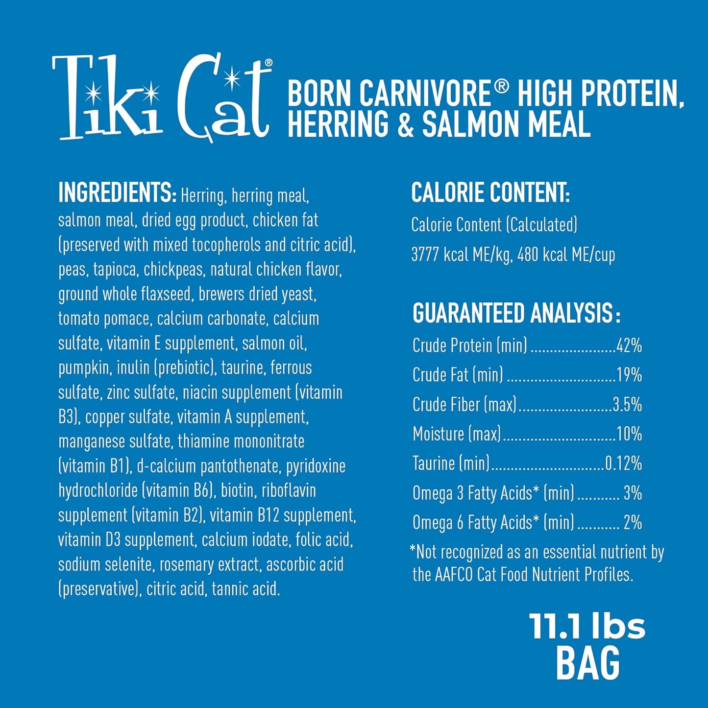 Tiki Cat Born Carnivore High Protein, Herring & Salmon Meal, Grain-Free Baked Kibble to Maximize Nutrients, Dry Cat Food, 11.1 Lbs. Bag