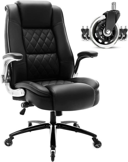 High Back Office Chair- Flip Arms Adjustable Built-In Lumbar Support, Executive Computer Desk Chair Work Chairs, Thick Padded Strong Metal Base Quiet Wheels, Ergonomic Design for Back Pain