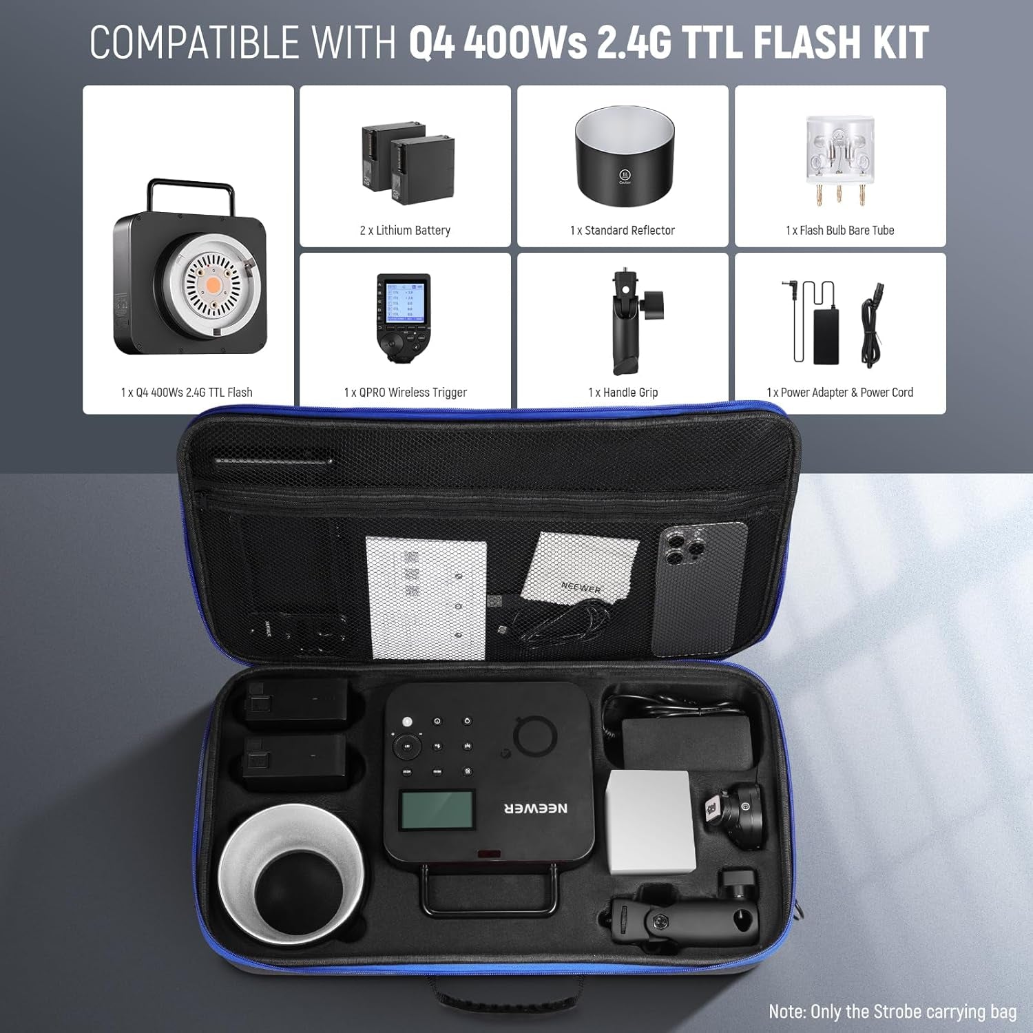 Q4 Carrying Bag with Shoulder Strap, Handle, Dedicated Compartments for Outdoor Strobe Flash/Batteries/Trigger/Reflector Diffuser Accessory, Mesh Pocket, Durable Hard Shell Travel Case, PB8