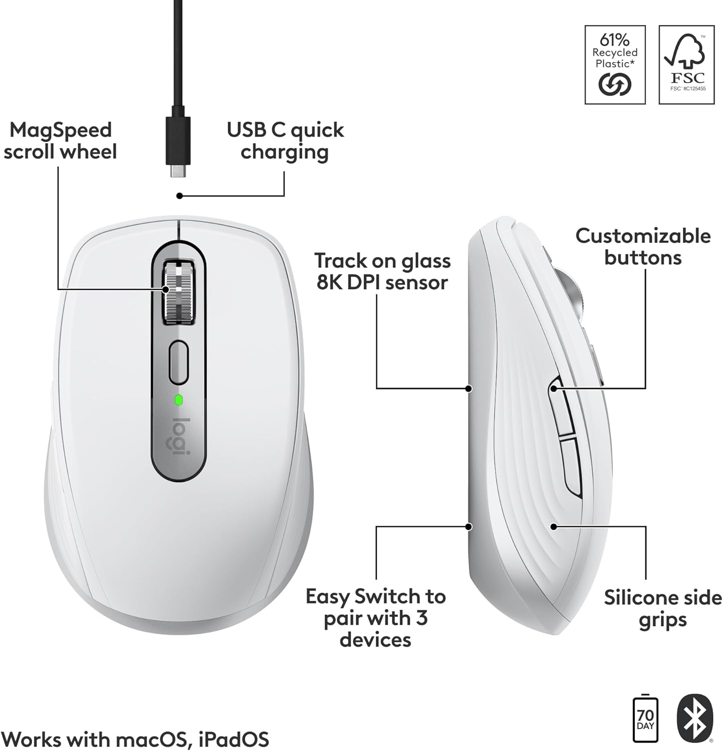 MX Anywhere 3S for Mac, Compact Wireless Bluetooth Mouse, 8K DPI Any-Surface Tracking, Quiet Clicks, USB C, Wireless Mouse for Macbook Pro, Macbook Air, Imac, Ipad - Pale Grey