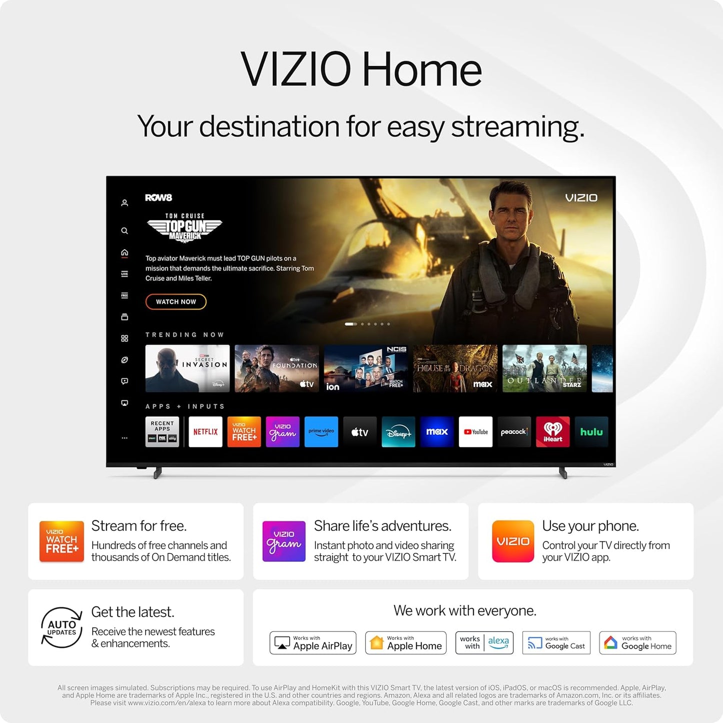 43-Inch 4K UHD LED Smart TV W/Dolby Vision HDR, Wifi 6, Bluetooth Headphone Capable, Apple Airplay, Google Cast Built-In (V4K43M-08, New)
