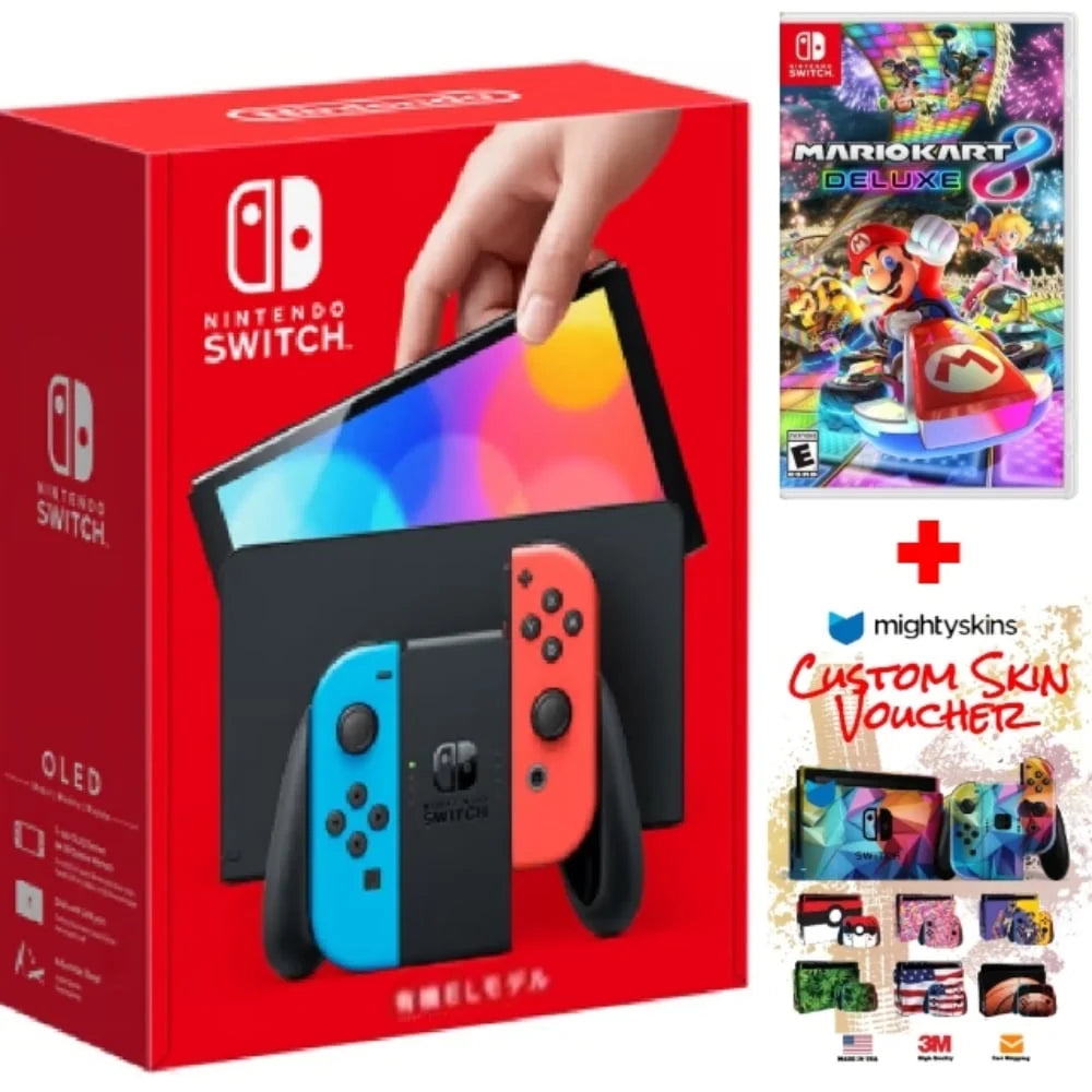 Switch OLED Neon Red/Blue Edition Bundle with Mario Kart 8 Deluxe Game + Mightyskins Voucher – (JP Edition) - Japan Import with US Plug