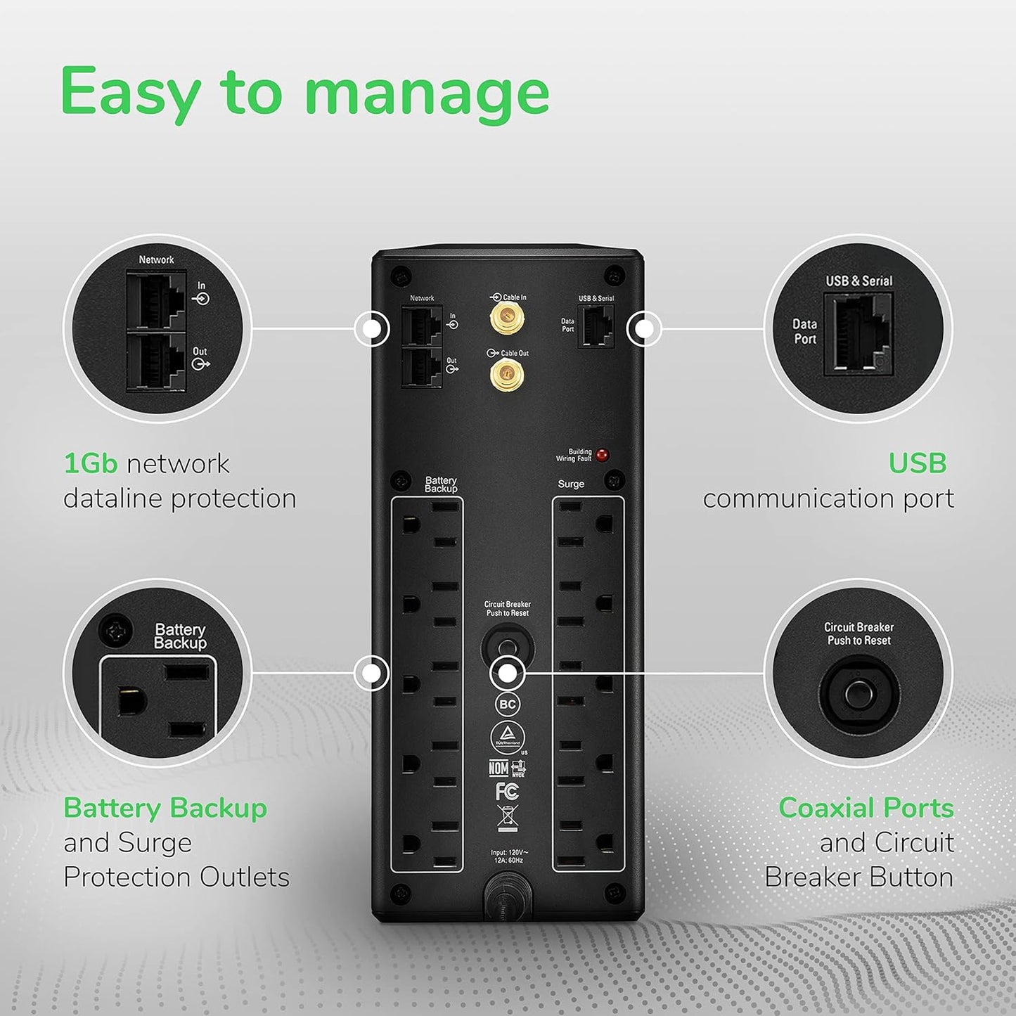 UPS 1500VA UPS Battery Backup and Surge Protector, BX1500M Backup Battery Power Supply, AVR, Dataline Protection