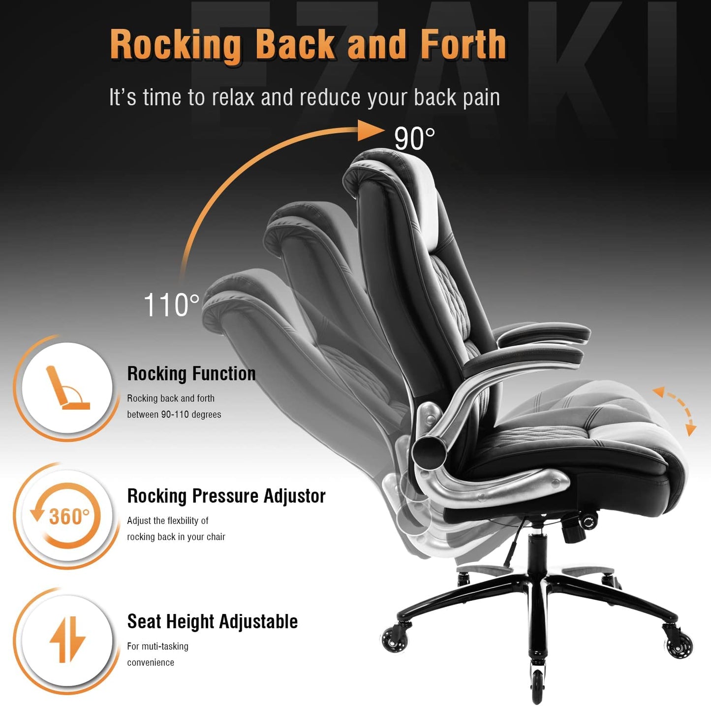 High Back Office Chair- Flip Arms Adjustable Built-In Lumbar Support, Executive Computer Desk Chair Work Chairs, Thick Padded Strong Metal Base Quiet Wheels, Ergonomic Design for Back Pain