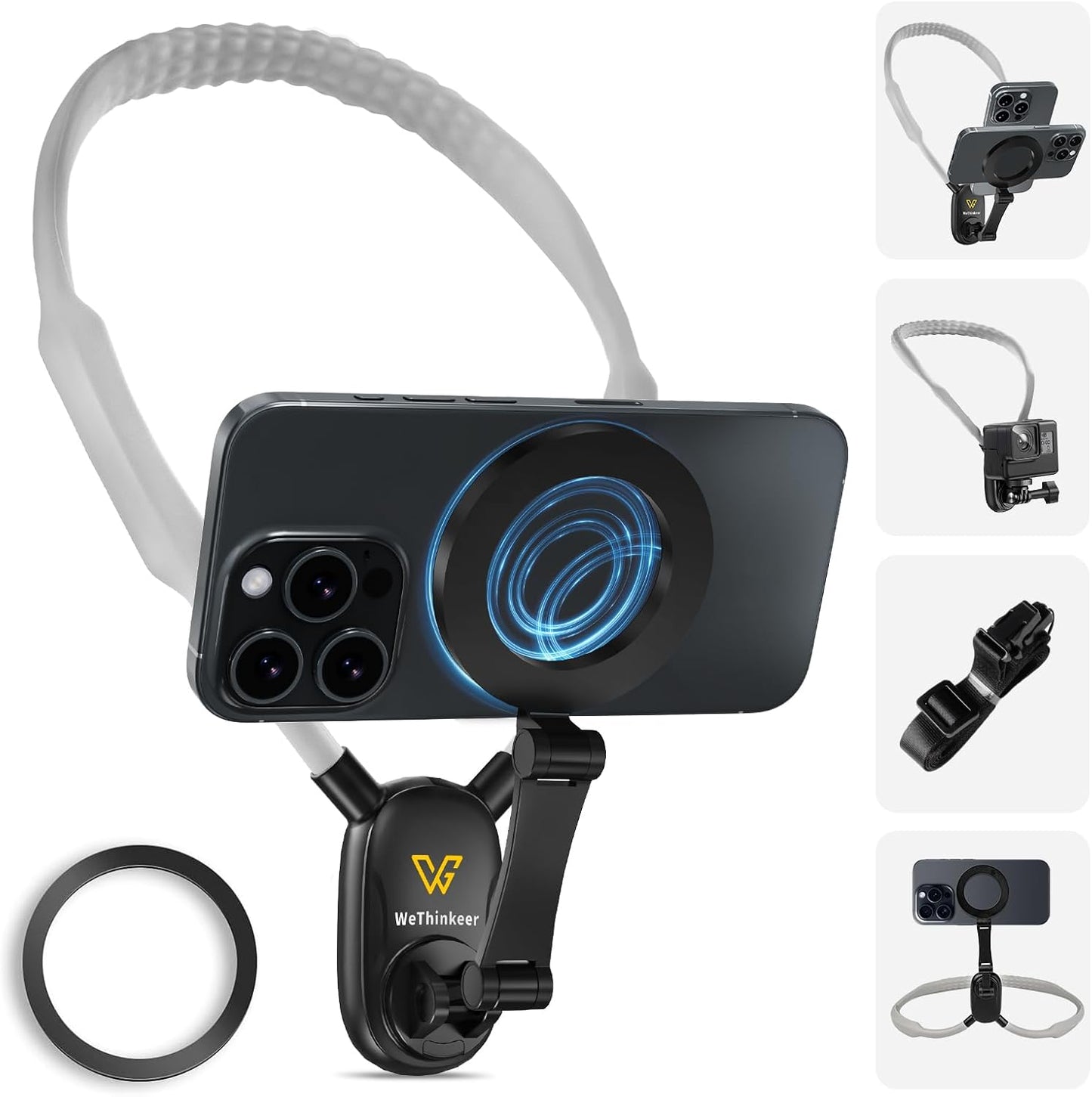 Neck Phone Holder for Recording, 700Mm Extended for Comfort, Hands-Free Pov/Vlog Magnetic Neck Mount with Anti-Shake Chest Strap, Content Creator Essential, Compatible with Iphone, Android, Gopro