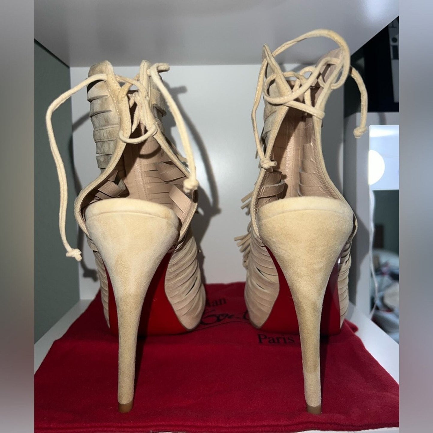 Christian Louboutin Tan Suede Beautiful Fringe Lace-Up Heels, Size 37 1/2. NWOT