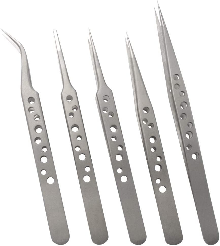 Stainless Steel Tweezers Precision Tweezer Tool Set for Electronics Repair, Crafting (5 Pcs)