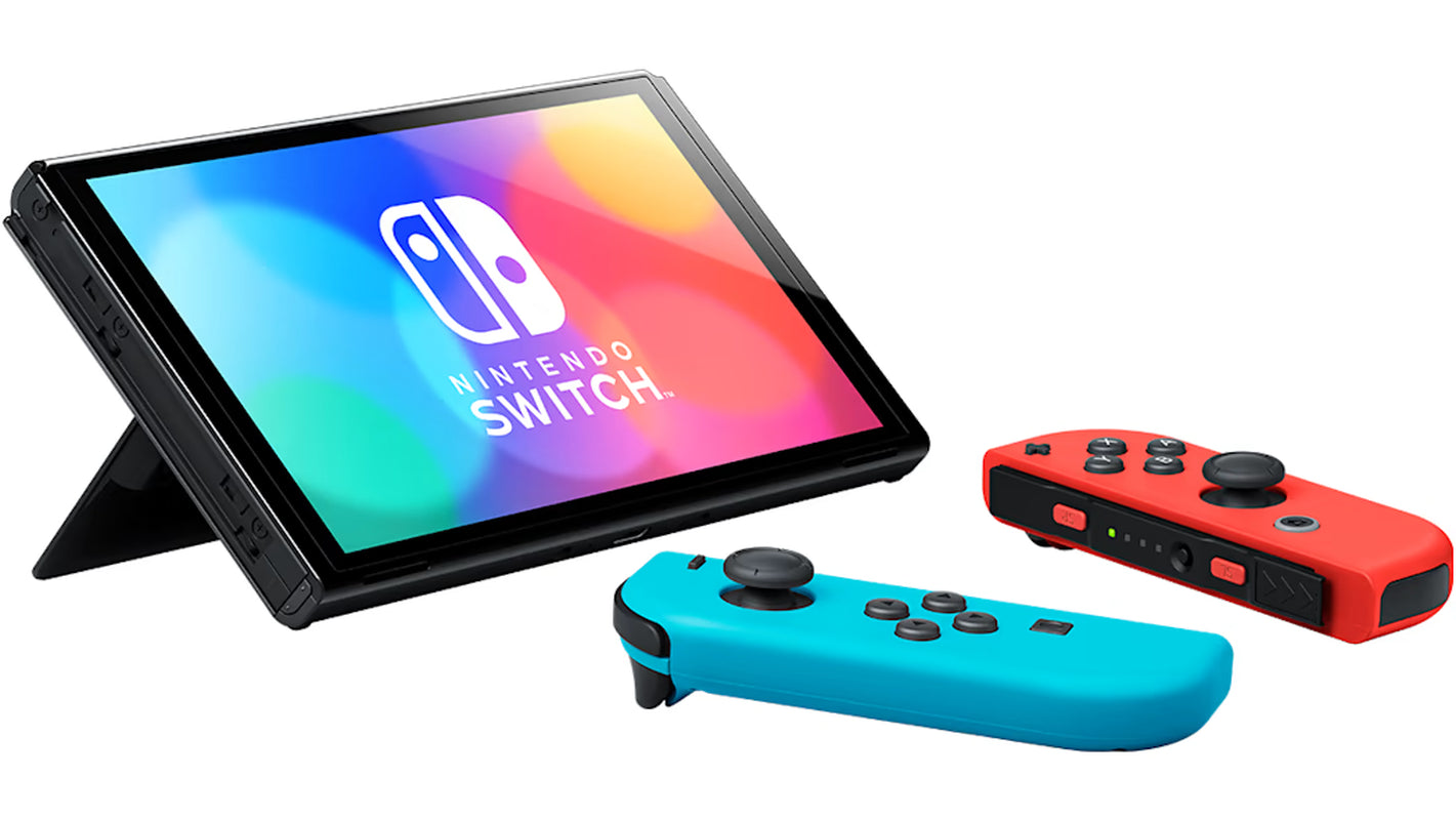 Switch OLED Neon Red/Blue Edition Bundle with Mario Kart 8 Deluxe Game + Mightyskins Voucher – (JP Edition) - Japan Import with US Plug