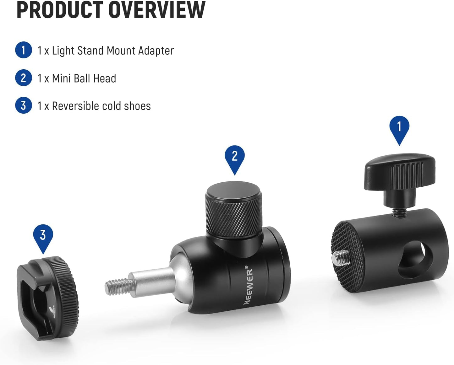 3 Pack Light Stand Mount Adapter with Cold Shoe, 1/4" Screw Mini Ball Head, Reversible Mount Plate for Camera Monitor Ring Light, Fits Flat Head Light Stand/Boom Arm/C Stand, Max Load 22Lb/10Kg