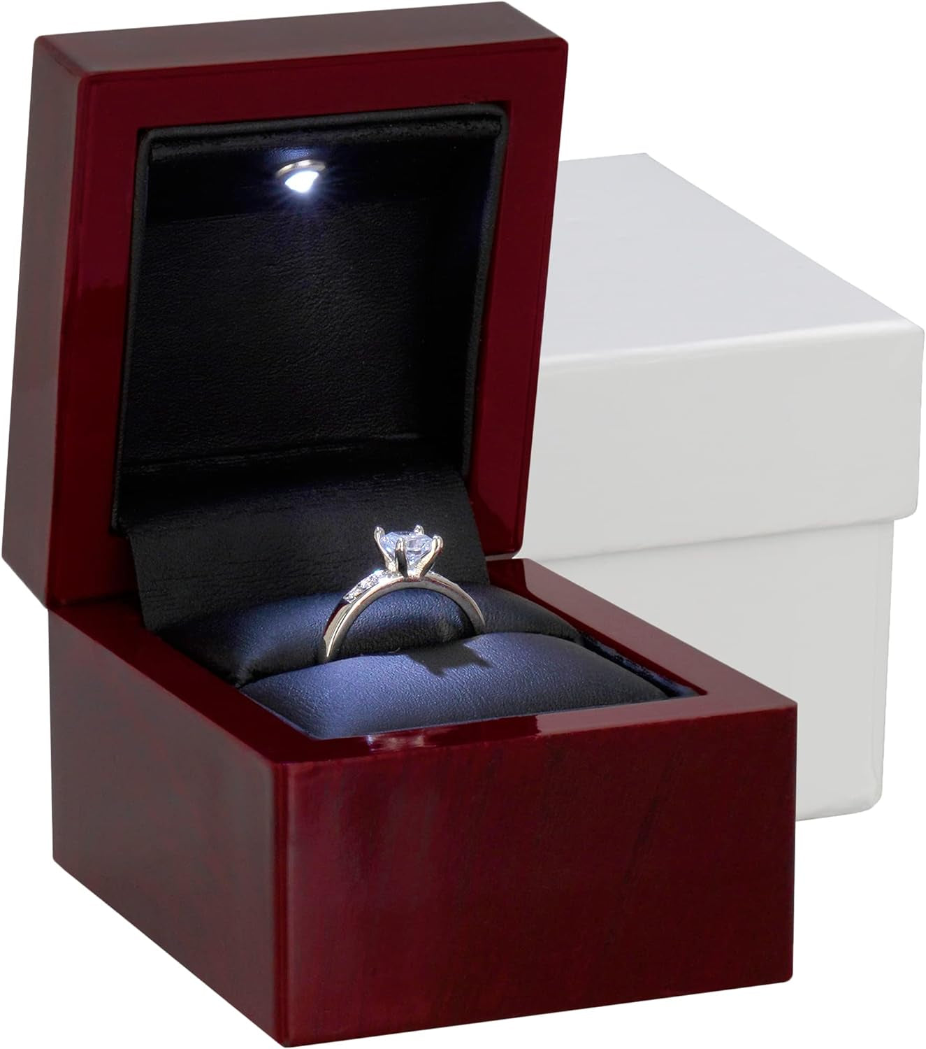 Cherry Ring Box with Light - Unique LED Engagement Ring Box for Proposal Ring or Special Occasions (Mahogany/Black Insert)