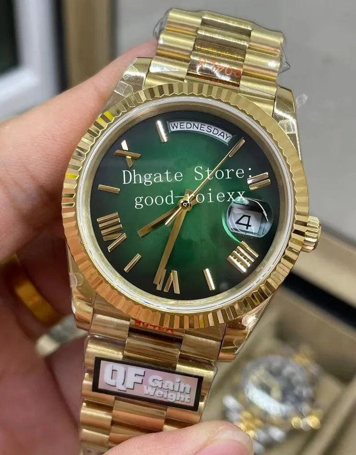 Men'S Yellow Gold Watches Men Automatic 2836 ETA Watch 40Mm 18K QF Gradient Green Dia Day Time Date 228238 President Qff Water Resistant Wristwatches