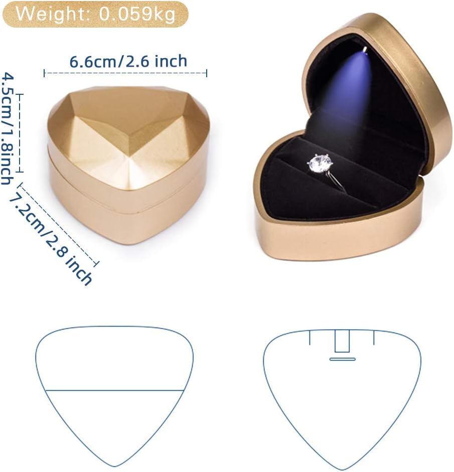 Heart Shaped Ring Box LED Light Engagement Ring Boxes Jewelry Gift Box for Proposal Wedding Valentine'S Day Anniversary Christmas (Golden)