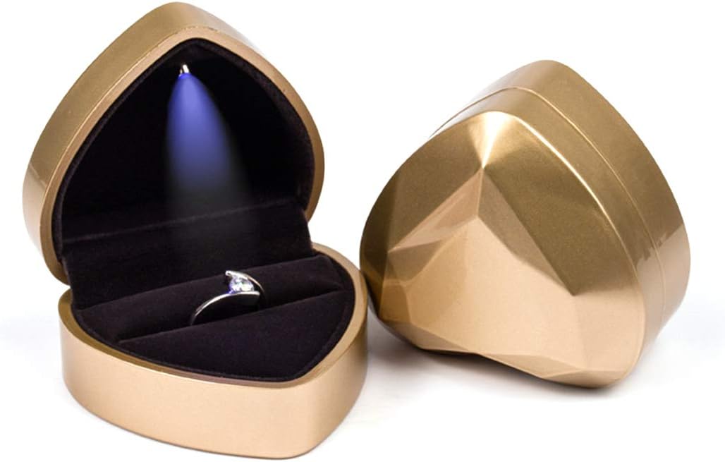 Heart Shaped Ring Box LED Light Engagement Ring Boxes Jewelry Gift Box for Proposal Wedding Valentine'S Day Anniversary Christmas (Golden)