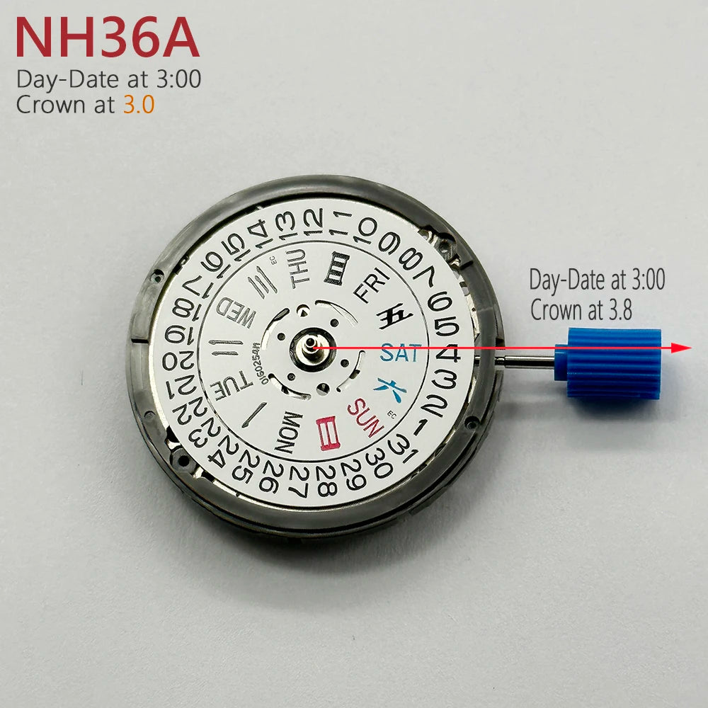 Japan Genuine NH36A Automatic Movement White Day-Date 3:00 Crown at 3.0/3.8 O'Clock 24 Jewels NH36 4R36A Modified Watch Parts