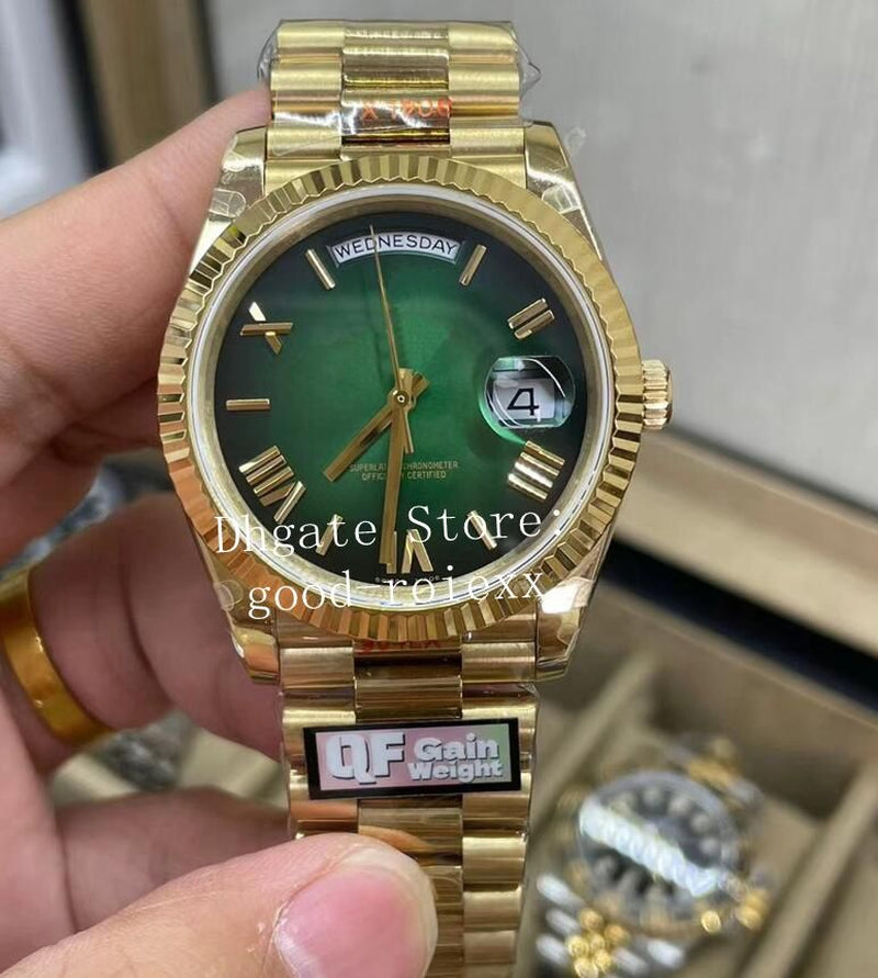 Men'S Yellow Gold Watches Men Automatic 2836 ETA Watch 40Mm 18K QF Gradient Green Dia Day Time Date 228238 President Qff Water Resistant Wristwatches