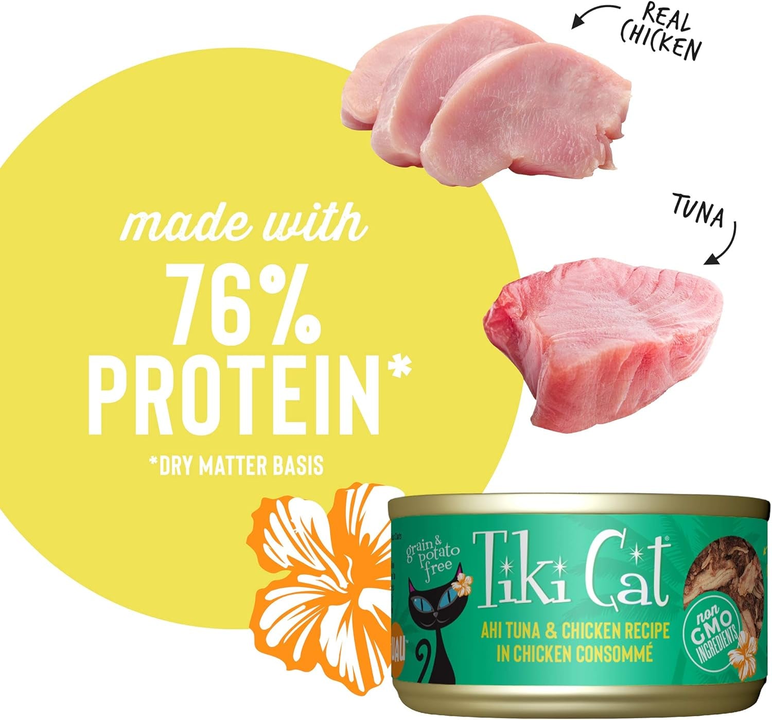 Tiki Cat Luau Shredded Meat, Ahi Tuna & Chicken Recipe in Chicken Consumme, Grain-Free Balanced Nutrition Wet Canned Cat Food, for All Life Stages, 2.8 Oz. Cans (Pack of 12)